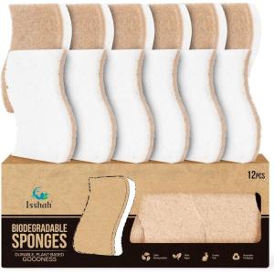 Isshah Plant-Based Kitchen Sponges – FSC Certified and PETA Approved, 12 Count