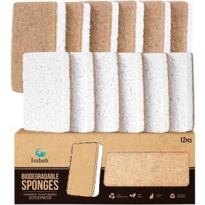 Isshah Plant-Based Kitchen Sponges – FSC Certified and PETA Approved, Natural, Eco-Friendly, Biodegradable Sisal Hemp Sponges for Dishes, Cleaning Sponge for Kitchen, Bathroom, Household – 12 Count