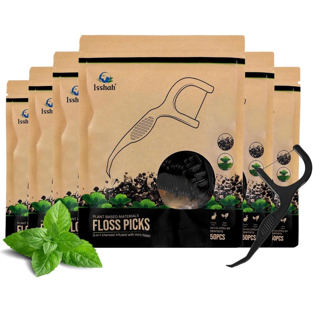 image:imageIsshah Floss Picks 300 Count  Plant Based Dental Floss Picks for Superior Oral Care Dental Hygiene and Gum Health Cruelty Free Tooth Floss Picks Single Thread MintCharcoal