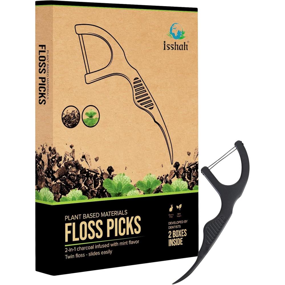 image:imageNatural Dental Floss Picks 100 Count  Vegan Eco Friendly Sustainable Dental Flossers  Twin Floss CharcoalCharcoal