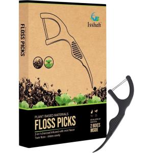 Natural Dental Floss Picks (100 Count) – Vegan, Eco Friendly, Sustainable Dental Flossers – Twin Floss (Charcoal)(Charcoal)