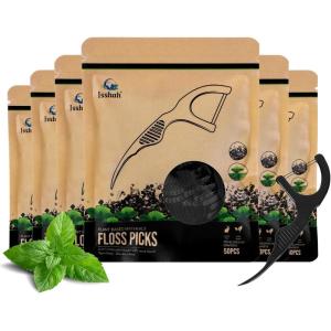 Plant Based Dental Floss Picks (300 Count) – Freshlock EcoPouch, Plant Based, Vegan, Eco Friendly, Sustainable Dental Flossers – Twin Floss (Charcoal)