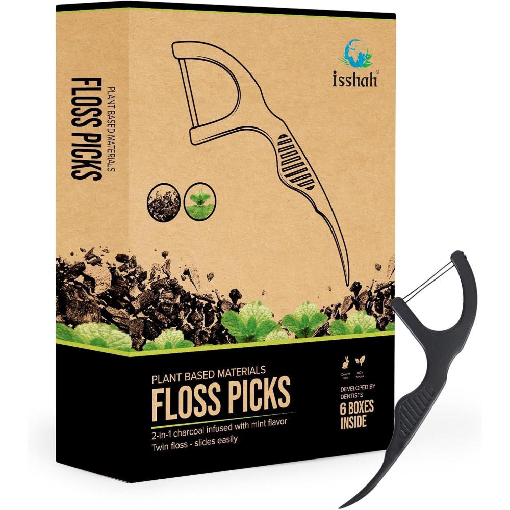 image:imageNatural Dental Floss Picks 300 Count  Kraft Paper Box Packaging Plant Based PETA Approved Vegan Eco Friendly Sustainable Dental Flossers  Twin Floss MintCharcoal