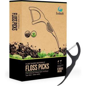 Natural Dental Floss Picks (300 Count) – Kraft Paper Box Packaging, Plant Based, PETA Approved Vegan, Eco Friendly, Sustainable Dental Flossers – Twin Floss (Mint)(Charcoal)